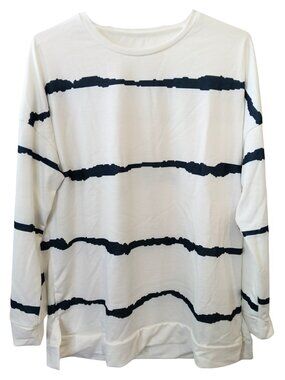 Women's White & Navy* Grunge Striped Crewneck Pullover Sweatshirt Tunic Length